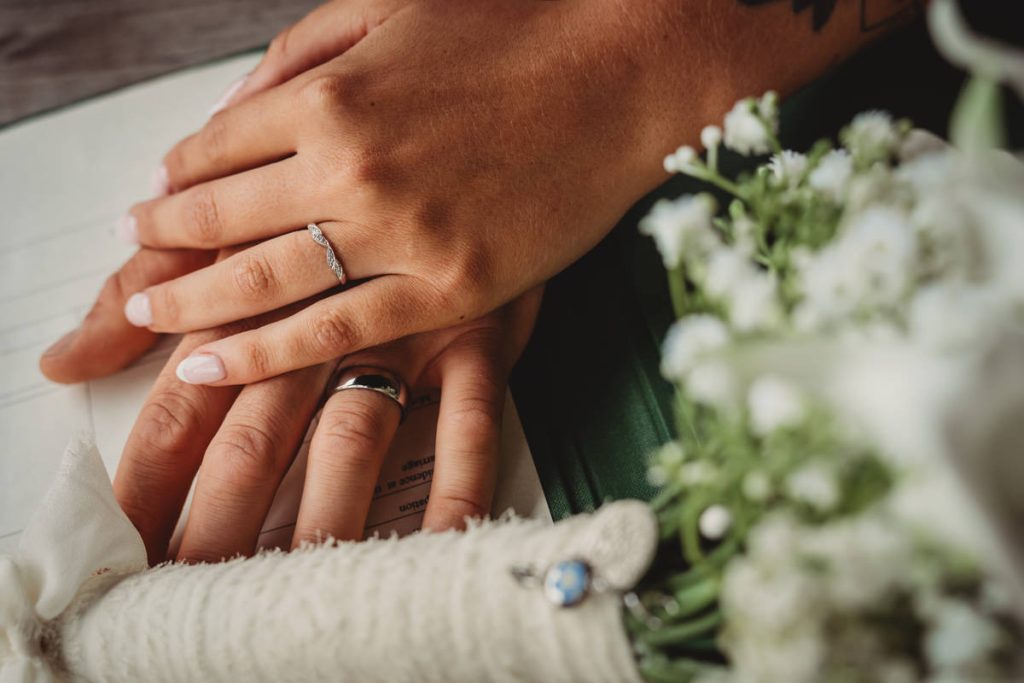 Bride and groom hands with wedding rings and flowers.