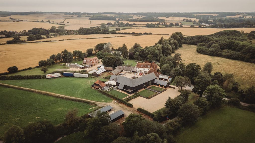 Aerial view of rural British countryside estate.