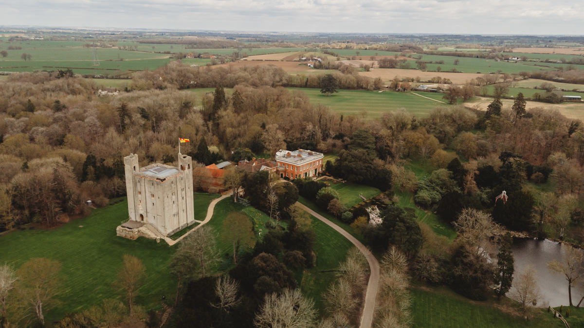 Aerial view of English countryside castle and estate.