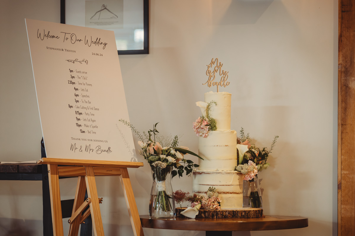 Wedding schedule and cake with flowers.