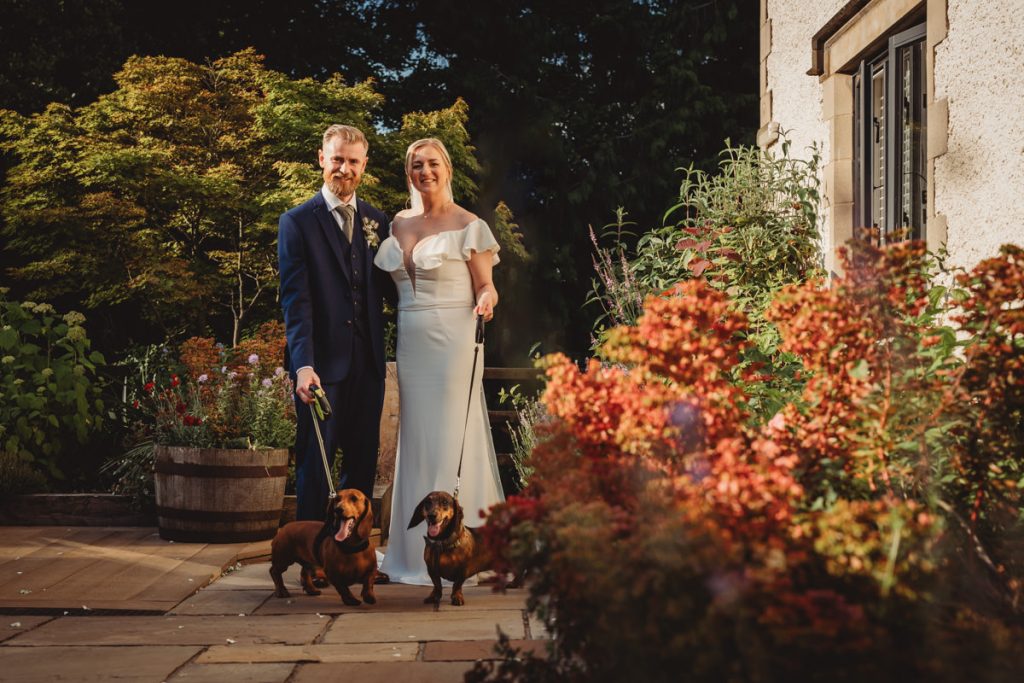 Couple with dachshunds in garden on wedding day.