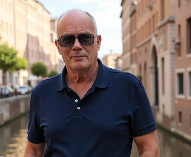 Tom Stenlake sunglasses by canal in cityscape