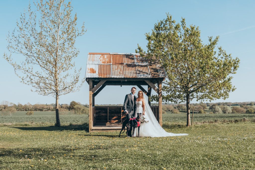 Bride and groom with dog under canopy outdoors at Huntsmill Farm