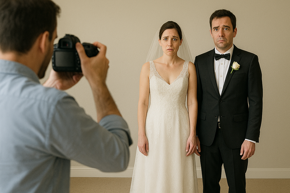 Photographer capturing awkward bride and groom portrait.