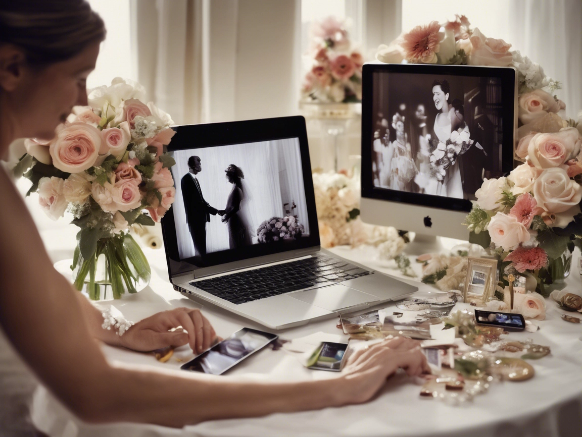 Woman editing wedding photos on computers and phone.